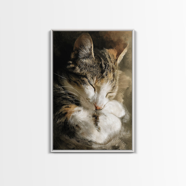 Sleeping Cat Curled Framed Canvas Print, Animal Art, Gallery Decor, Living Room Decor, Abstract Art, Creature, Contemporary Art, ANI-2x3-92