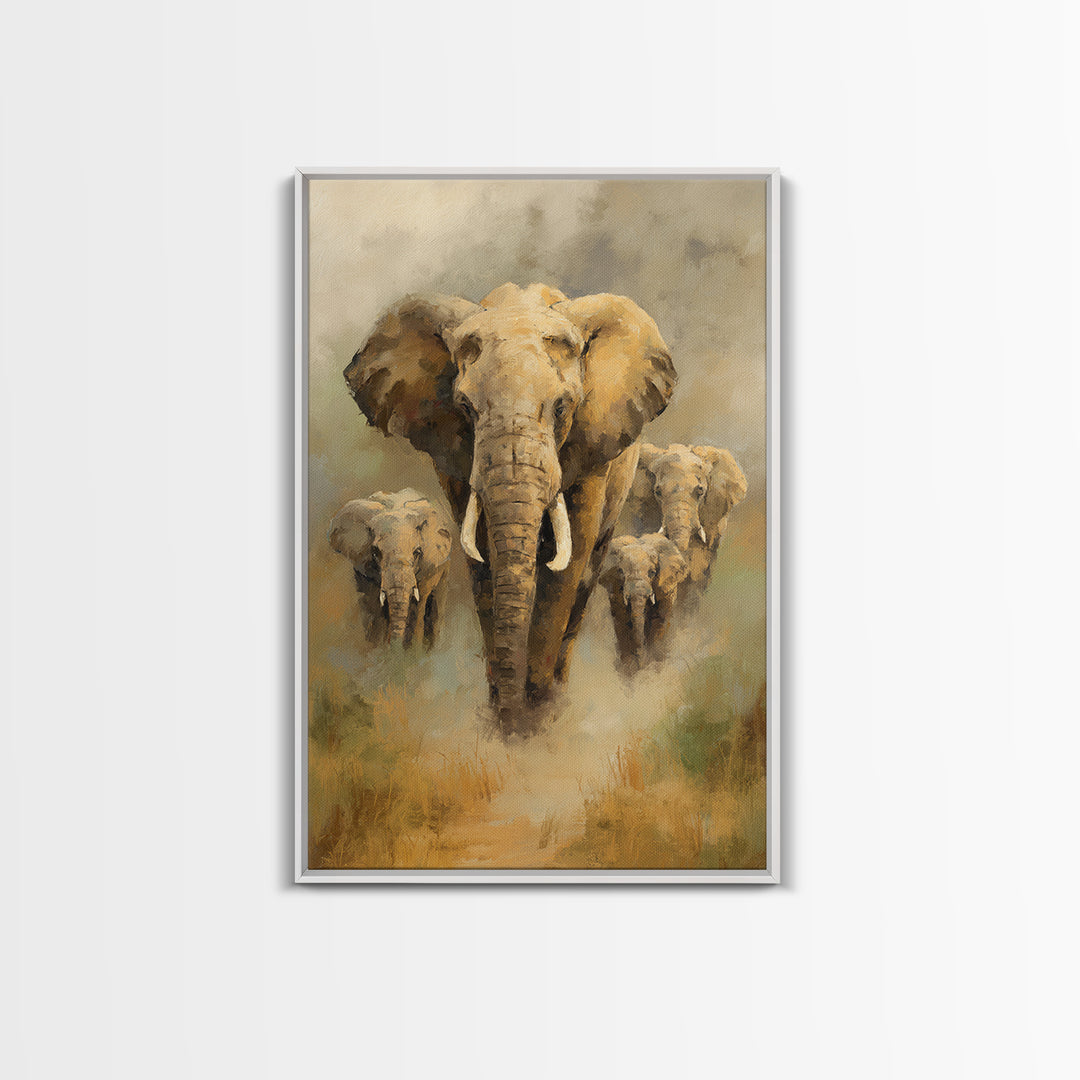 Elephant Family Walking Through Dusty Golden Light Framed Canvas Print, Animal Art, Printable, Living Room Decor, Creature, ANI-2x3-94