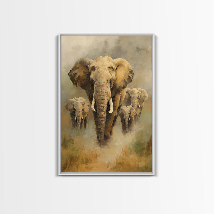 Elephant Family Walking Through Dusty Golden Light Framed Canvas Print, Animal Art, Printable, Living Room Decor, Creature, ANI-2x3-94