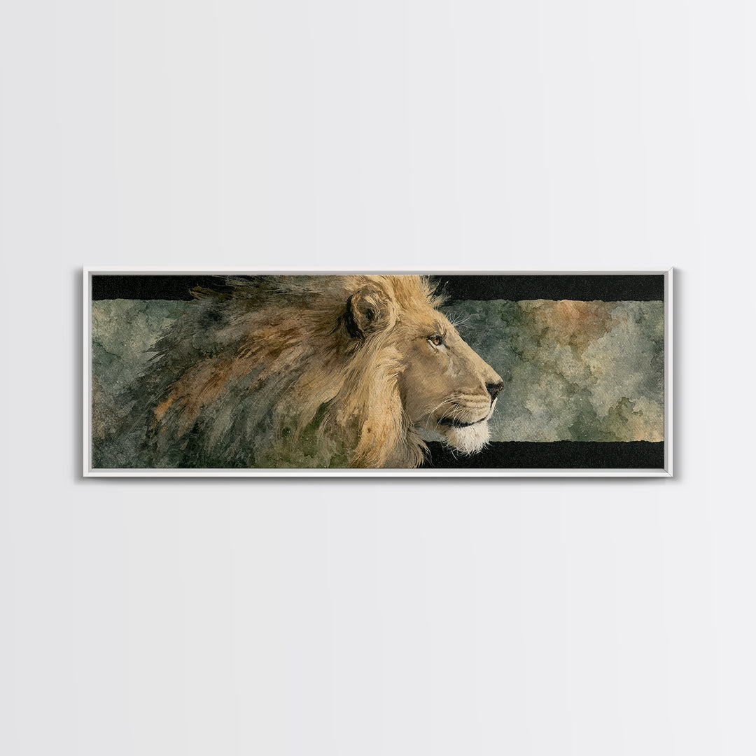 Regal Lion Profile Framed Canvas Print, Animal Art, Art Deco, Living Room Decor, Creature, Cat Art, Safari Nursery Decor, ANI-3x1-1