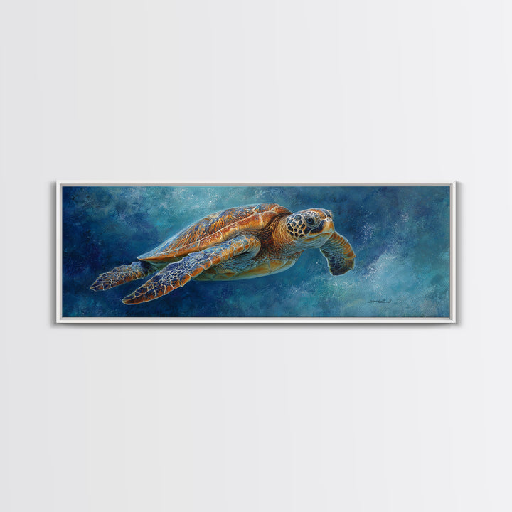 Sea Turtle Drifting Through Luminous Blue Water Framed Canvas Print, Animal Art, Home Decor, Living Room Decor, Creature, ANI-3x1-10