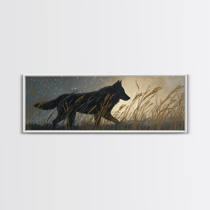 Wolf Silhouette Beneath a Star Filled Sky Canvas Print, Animal Art, Colorful Wall Art, Living Room Decor, Fine Art, Creature, ANI-3x1-14