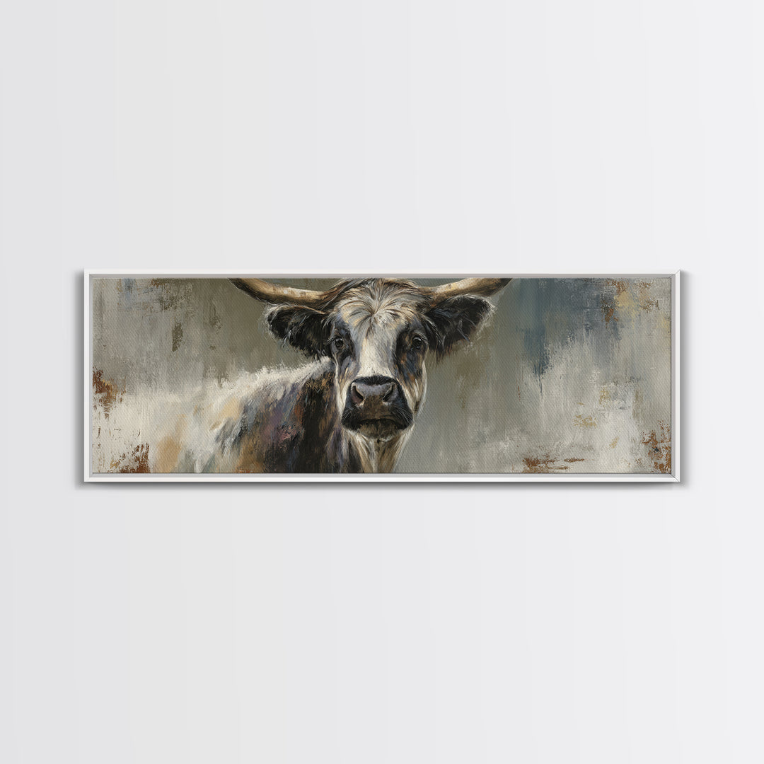 Gentle Cow Portrait Framed Canvas Print, Animal Art, Boho Decor, Living Room Decor, Oil Painting, Creature, Digital Prints, ANI-3x1-23