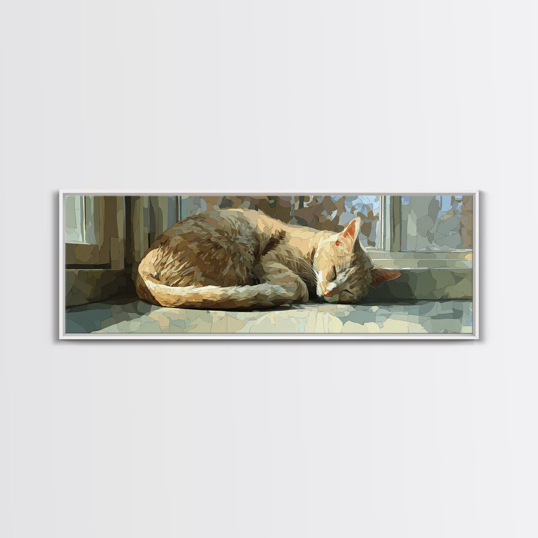 Sleeping Cat Curled Framed Canvas Print, Animal Art, Trendy Wall Art, Living Room Decor, Oil Painting, Creature, ANI-3x1-28