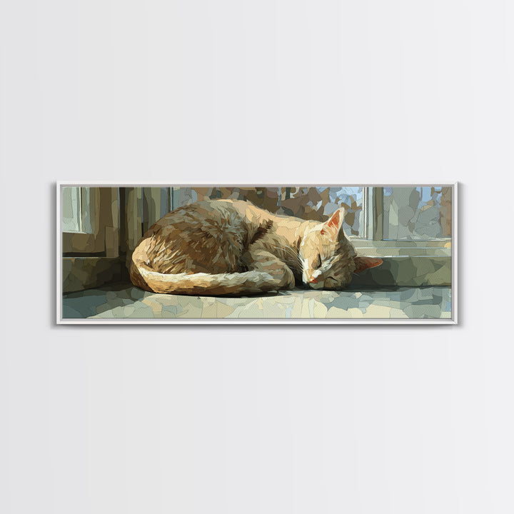 Sleeping Cat Curled Framed Canvas Print, Animal Art, Trendy Wall Art, Living Room Decor, Oil Painting, Creature, ANI-3x1-28