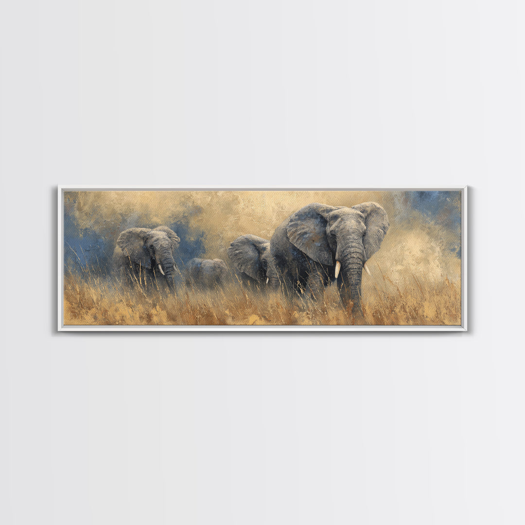 Elephant Family Walking Through Dusty Golden Light Canvas Print, Animal Art, Wall Art, Living Room Decor, Fine Art, Creature, ANI-3x1-30