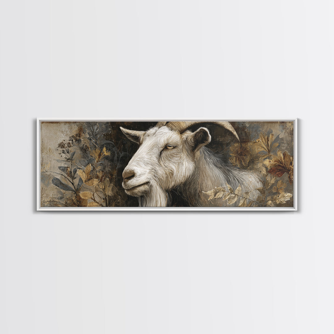 Goat Portrait with Rustic Folk Art Personality Framed Canvas Print, Animal Art, Digital Print, Living Room Decor, Creature, ANI-3x1-37