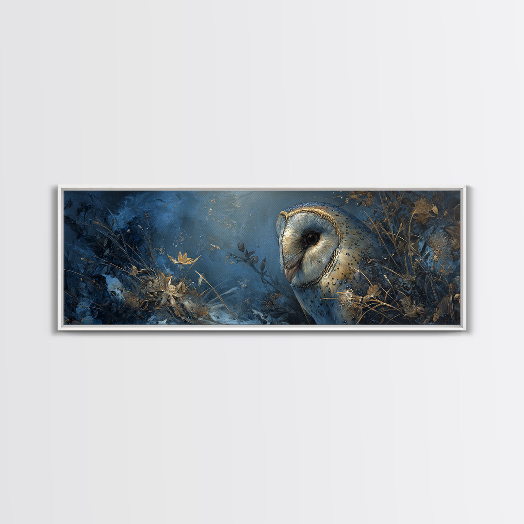 Owl with Moonlit Feathers and Celestial Accents Framed Canvas Print, Animal Art, Contemporary Art, Living Room Decor, Creature, ANI-3x1-55