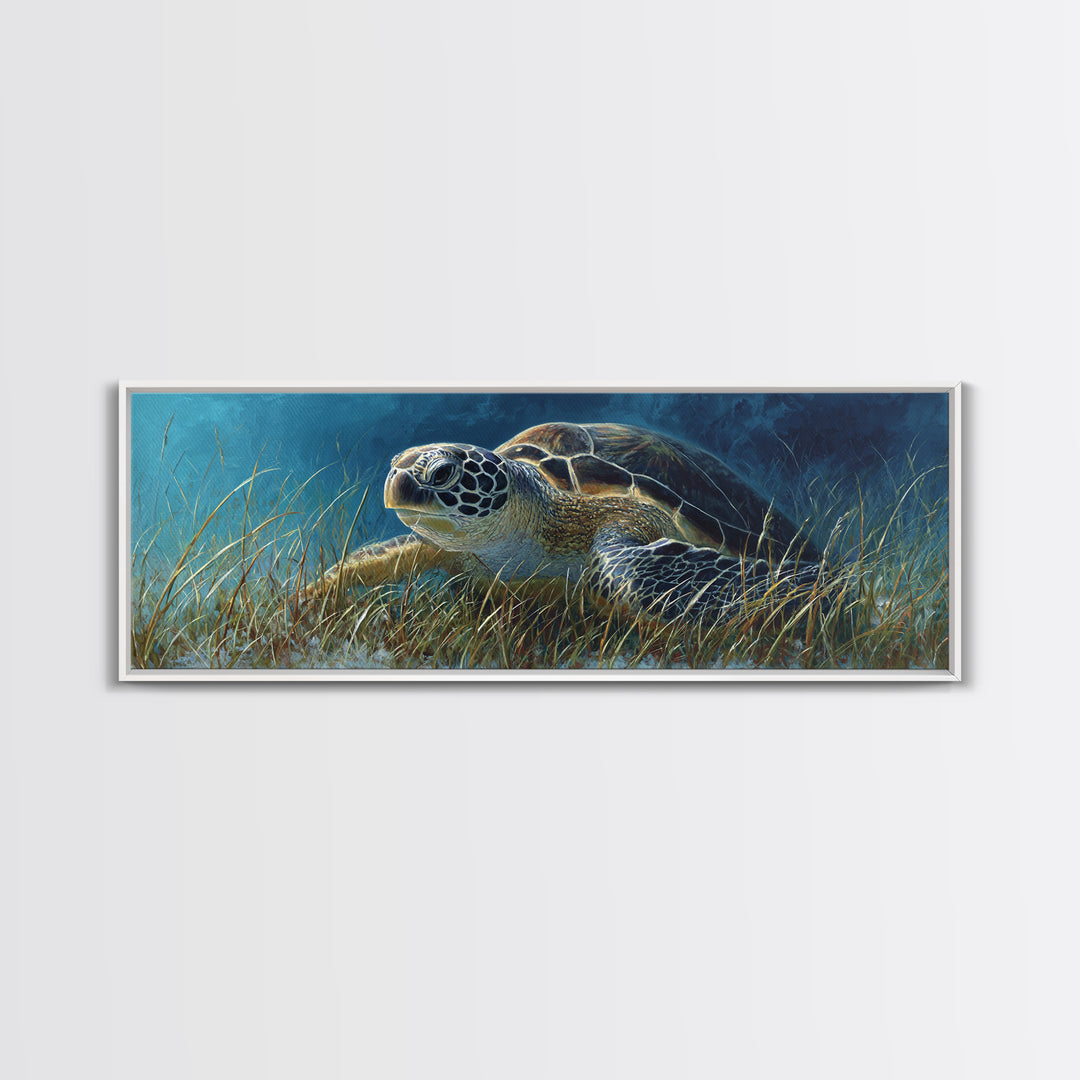 Sea Turtle Drifting Through Luminous Blue Water Framed Canvas Print, Animal Art, Nursery Decor, Living Room Decor, Creature, ANI-3x1-58