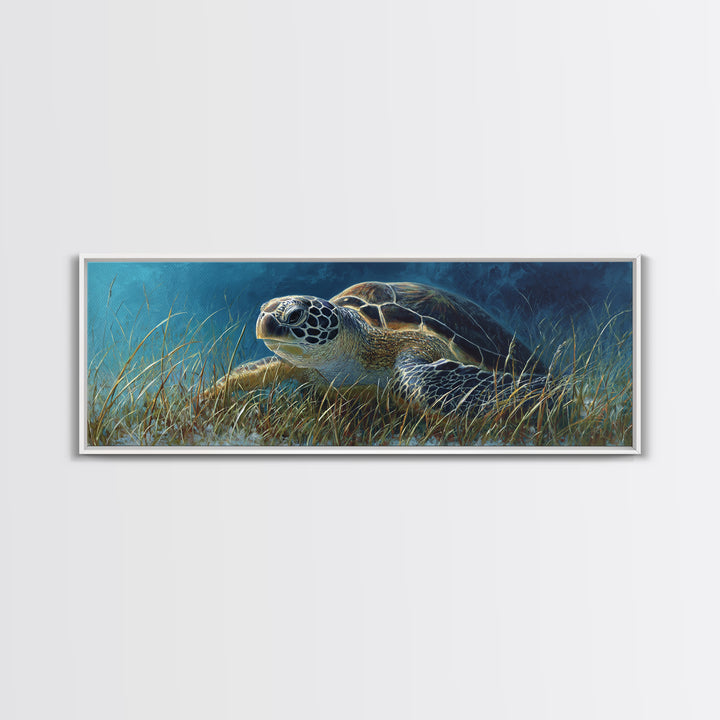 Sea Turtle Drifting Through Luminous Blue Water Framed Canvas Print, Animal Art, Nursery Decor, Living Room Decor, Creature, ANI-3x1-58