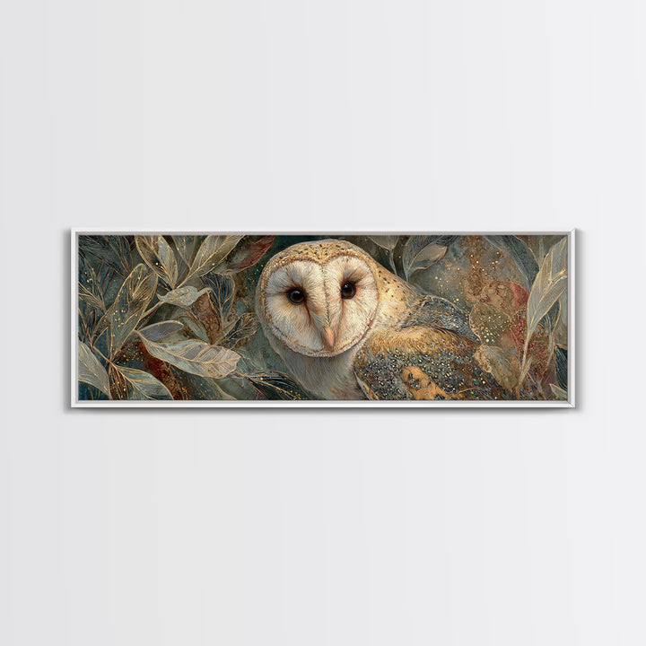 Owl with Moonlit Feathers and Celestial Accents Framed Canvas Print, Animal Art, Neutral Decor, Living Room Decor, Creature, ANI-3x1-7