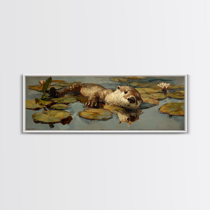 Playful Otter Floating Among Lily Pads Framed Canvas Print, Animal Art, Wall Art, Living Room Decor, Fine Art, Creature, ANI-3x1-72
