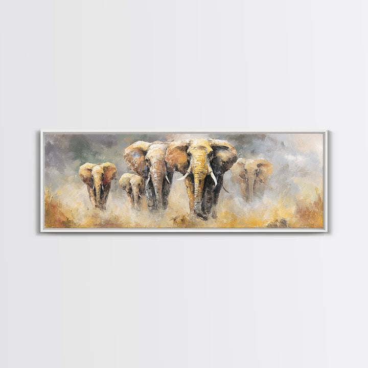 Elephant Family Walking Through Dusty Golden Light Canvas Print, Animal Art, Art, Living Room Decor, Fine Art, Creature, ANI-3x1-78