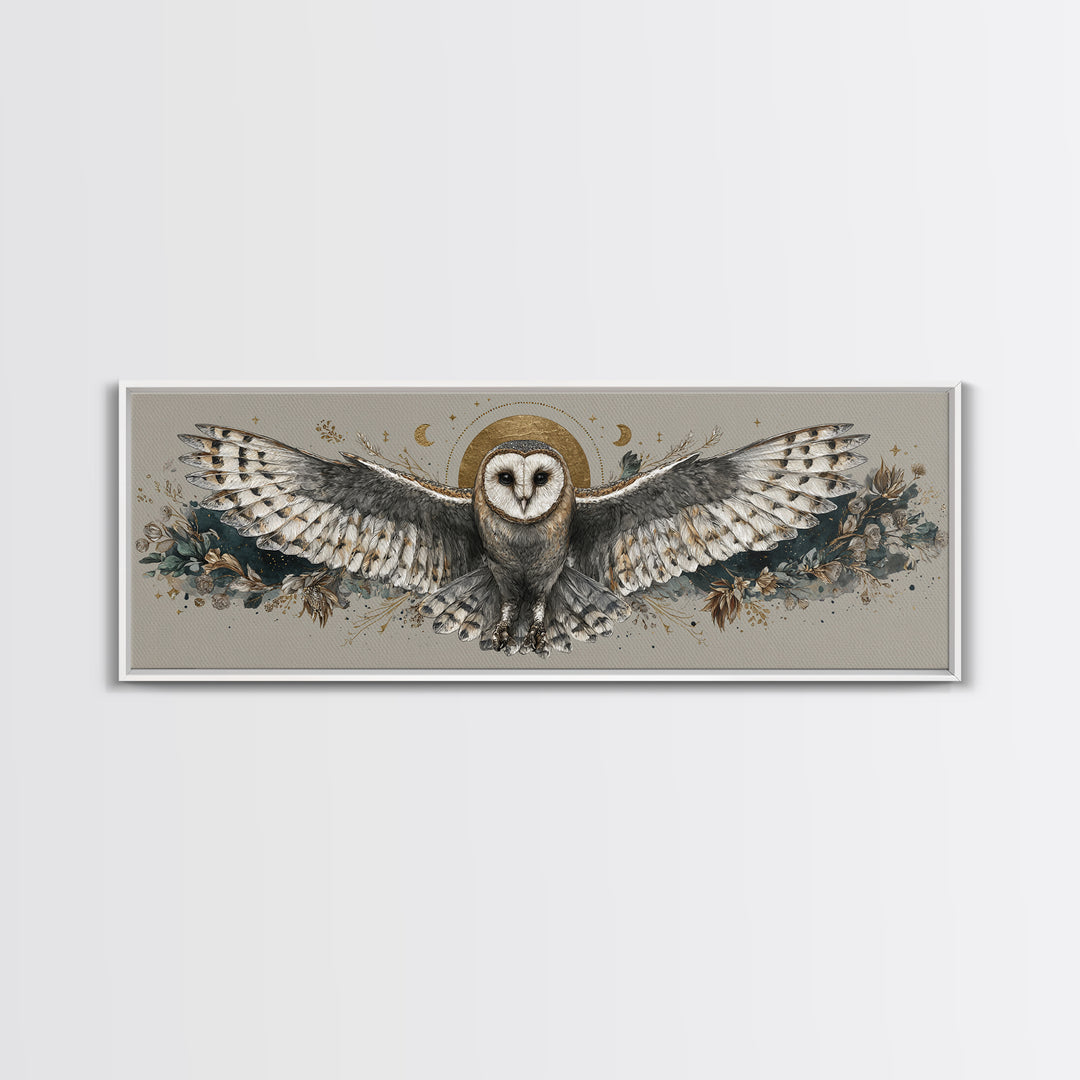 Owl with Moonlit Feathers and Celestial Accents Framed Canvas Print, Animal Art, Oil Painting, Living Room Decor, Creature, ANI-3x1-79