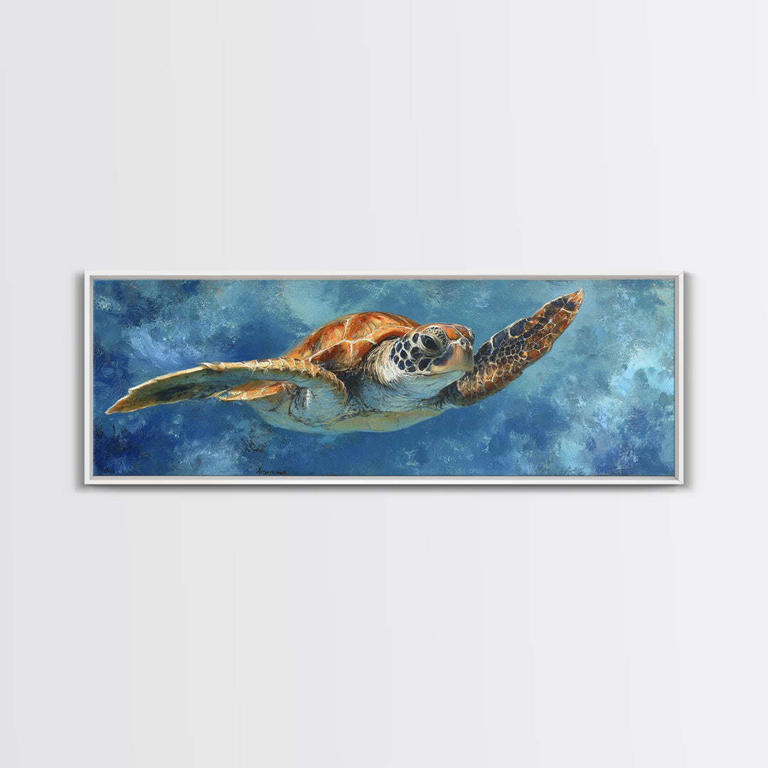 Sea Turtle Drifting Through Luminous Blue Water Framed Canvas Print, Animal Art, Nursery Decor, Living Room Decor, Creature, ANI-3x1-82