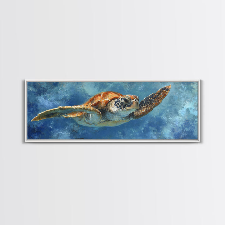 Sea Turtle Drifting Through Luminous Blue Water Framed Canvas Print, Animal Art, Nursery Decor, Living Room Decor, Creature, ANI-3x1-82