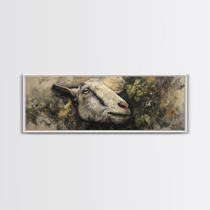 Goat Portrait with Rustic Folk Art Personality Canvas Print, Animal Art, Boho Wall Art, Living Room Decor, Oil Painting, ANI-3x1-85