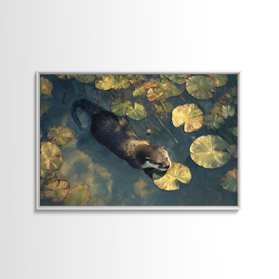 Playful Otter Floating Among Lily Pads Canvas Print, Animal Art, Nursery Decor, Living Room Decor, Fine Art, Creature, ANI-3x2-12
