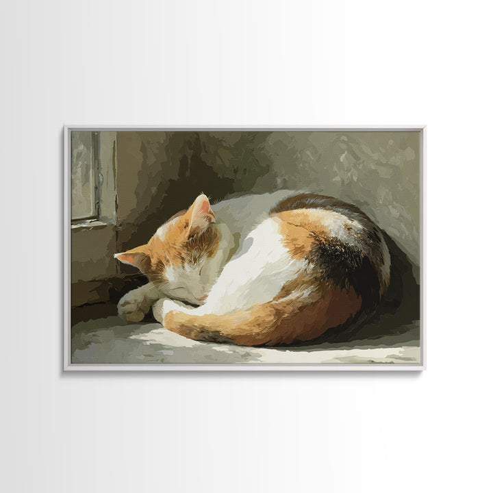 Sleeping Cat Curled Canvas Print, Animal Art, Art Deco, Living Room Decor, Watercolor Art, Creature, Cat Art, ANI-3x2-16