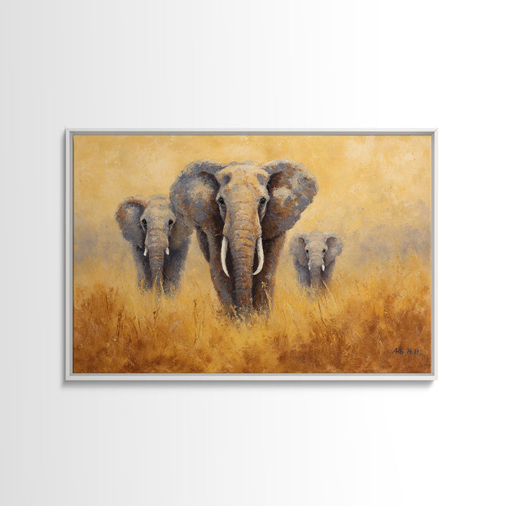 Elephant Family Walking Through Dusty Golden Light Framed Canvas Print, Animal Art, Printable, Living Room Decor, Creature, ANI-3x2-18