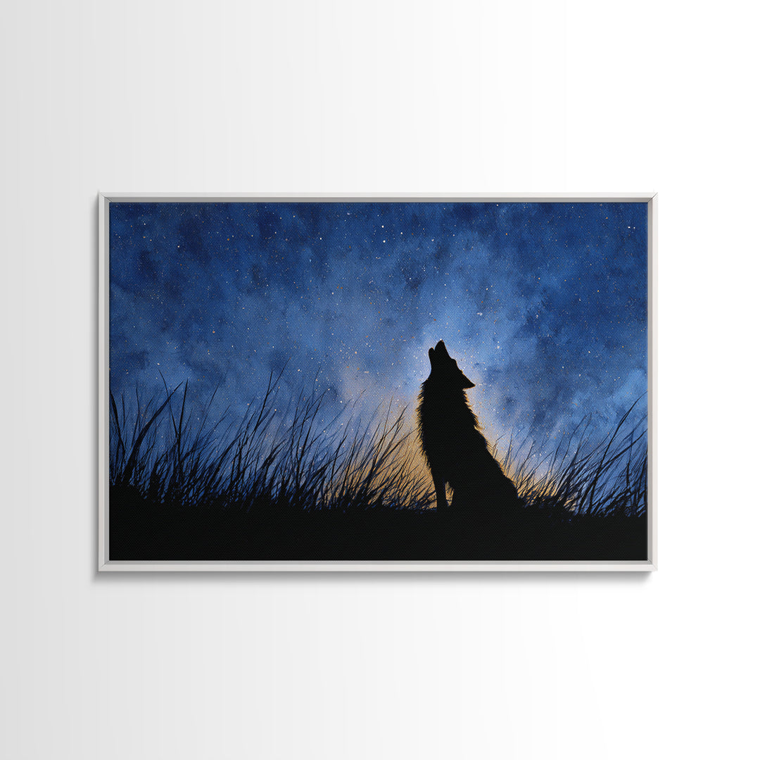 Wolf Silhouette Beneath a Star Filled Sky Framed Canvas Print, Animal Art, Decor, Living Room Decor, Fine Art, Creature, ANI-3x2-2