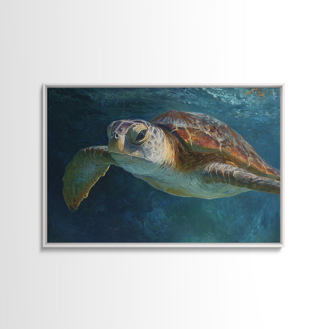 Sea Turtle Drifting Through Luminous Blue Water Canvas Print, Animal Art, Living Room Decor, Oil Painting, Creature, ANI-3x2-22