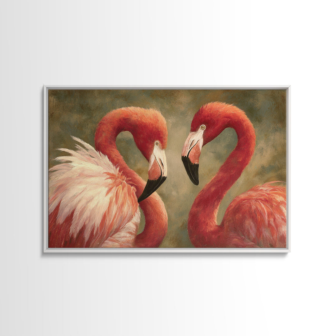 Flamingo Pair in Elegant Coral and Cream Framed Canvas Print, Animal Art, Digital Print, Living Room Decor, Fine Art, Creature, ANI-3x2-23
