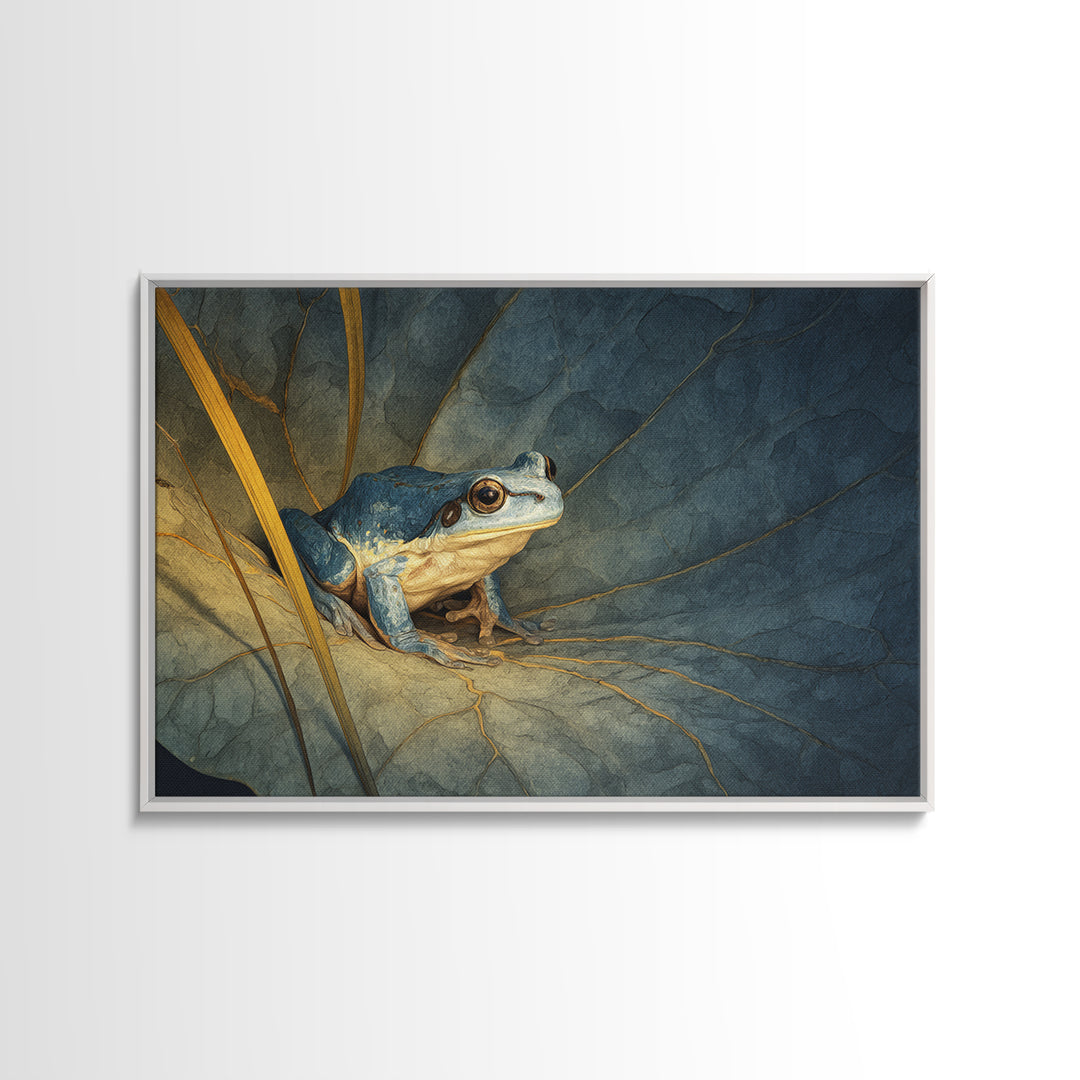 Frog on a Lotus Leaf Framed Canvas Print, Animal Art, Nursery Wall Art, Living Room Decor, Fine Art, Creature, Trendy Wall Art, ANI-3x2-24