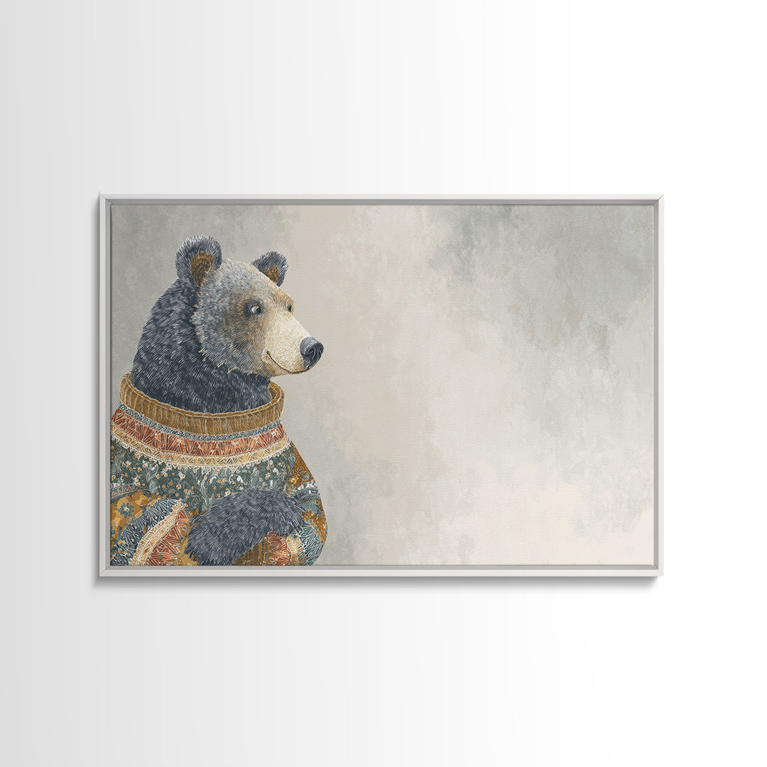 Whimsical Bear in a Patterned Sweater with Canvas Print, Animal Art, Digital Print, Living Room Decor, Fine Art, Creature, ANI-3x2-30