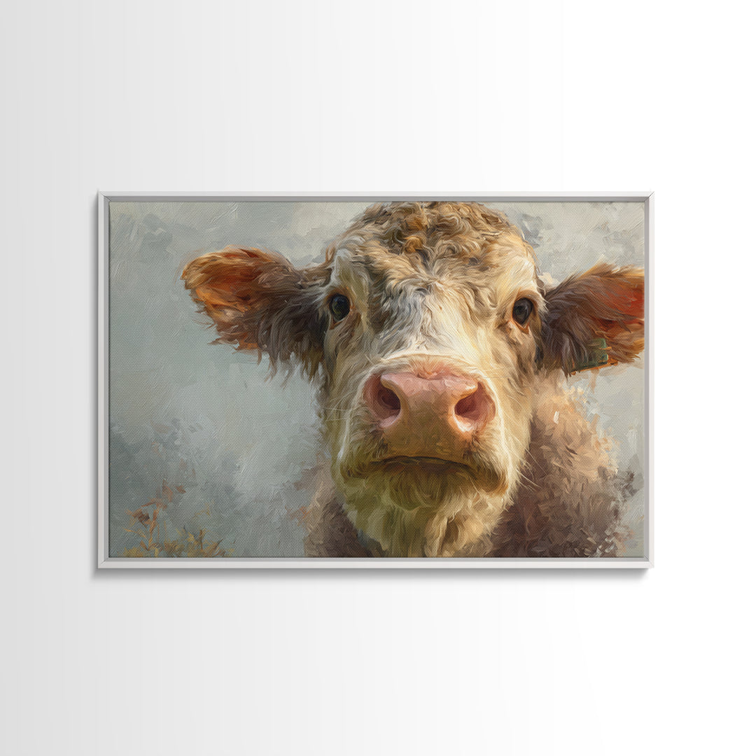 Gentle Cow Portrait Framed Canvas Print, Animal Art, Safari Nursery Decor, Living Room Decor, Oil Painting, Creature, ANI-3x2-35