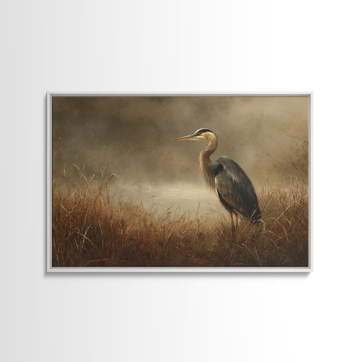 Blue Heron Standing Framed Canvas Print, Animal Art, Neutral Decor, Living Room Decor, Fine Art, Creature, Wall Art, Home Decor, ANI-3x2-39