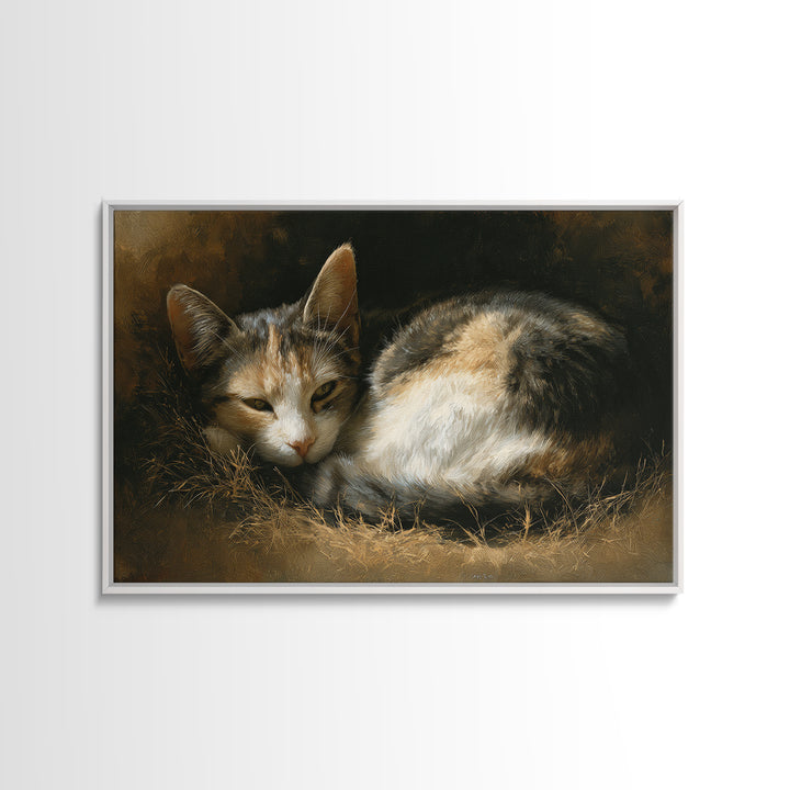 Sleeping Cat Curled Framed Canvas Print, Animal Art, Farmhouse Decor, Living Room Decor, Oil Painting, Creature, Neutral Decor, ANI-3x2-40