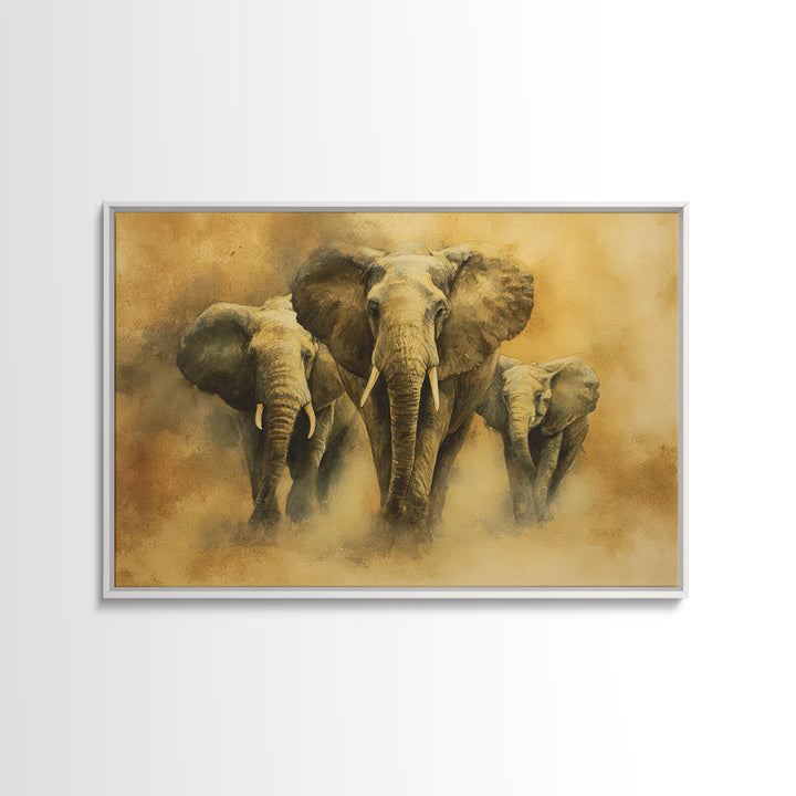 Elephant Family Walking Through Dusty Golden Light Canvas Print, Animal Art, Art Deco, Living Room Decor, Fine Art, Creature, ANI-3x2-42
