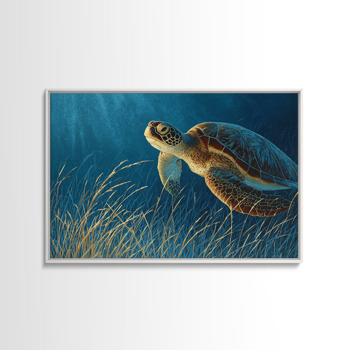 Sea Turtle Drifting Through Luminous Blue Water Framed Canvas Print, Animal Art, Original Art, Living Room Decor, Creature, ANI-3x2-46