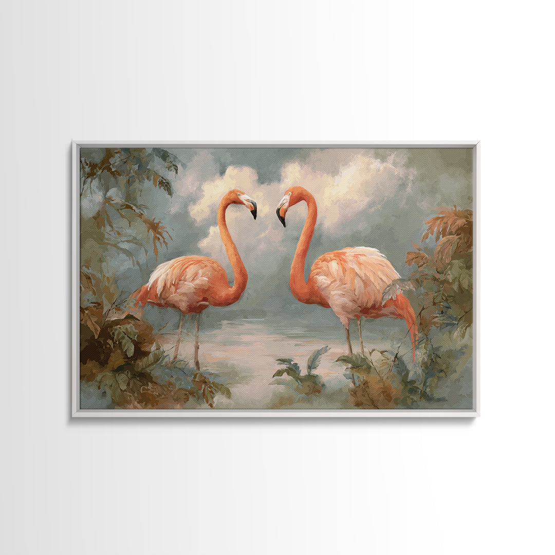 Flamingo Pair in Elegant Coral and Cream Framed Canvas Print, Animal Art, Room Decor, Living Room Decor, Oil Painting, Creature, ANI-3x2-47