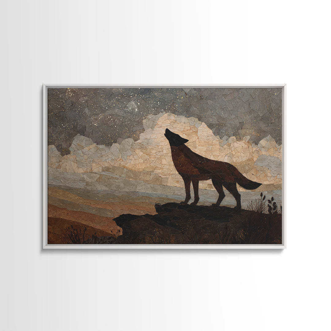 Wolf Silhouette Beneath a Star Filled Sky Framed Canvas Print, Animal Art, Nursery Wall Art, Living Room Decor, Oil Painting, ANI-3x2-50