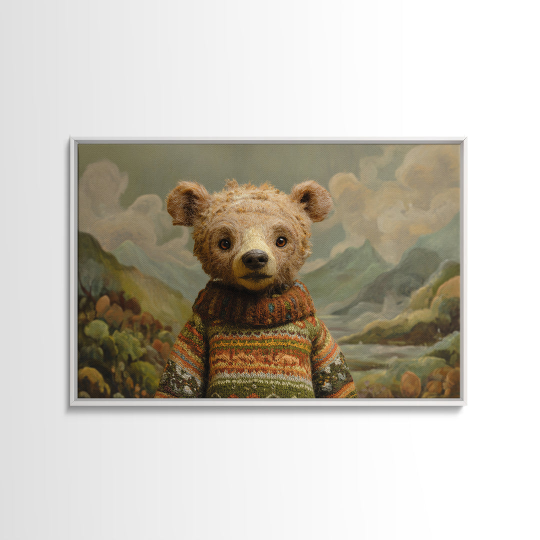 Whimsical Bear in a Patterned Sweater with Canvas Print, Animal Art, Digital Print, Living Room Decor, Fine Art, Creature, ANI-3x2-54