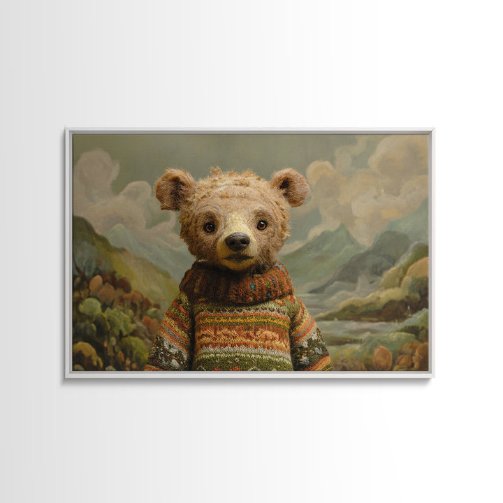 Whimsical Bear in a Patterned Sweater with Canvas Print, Animal Art, Digital Print, Living Room Decor, Fine Art, Creature, ANI-3x2-54
