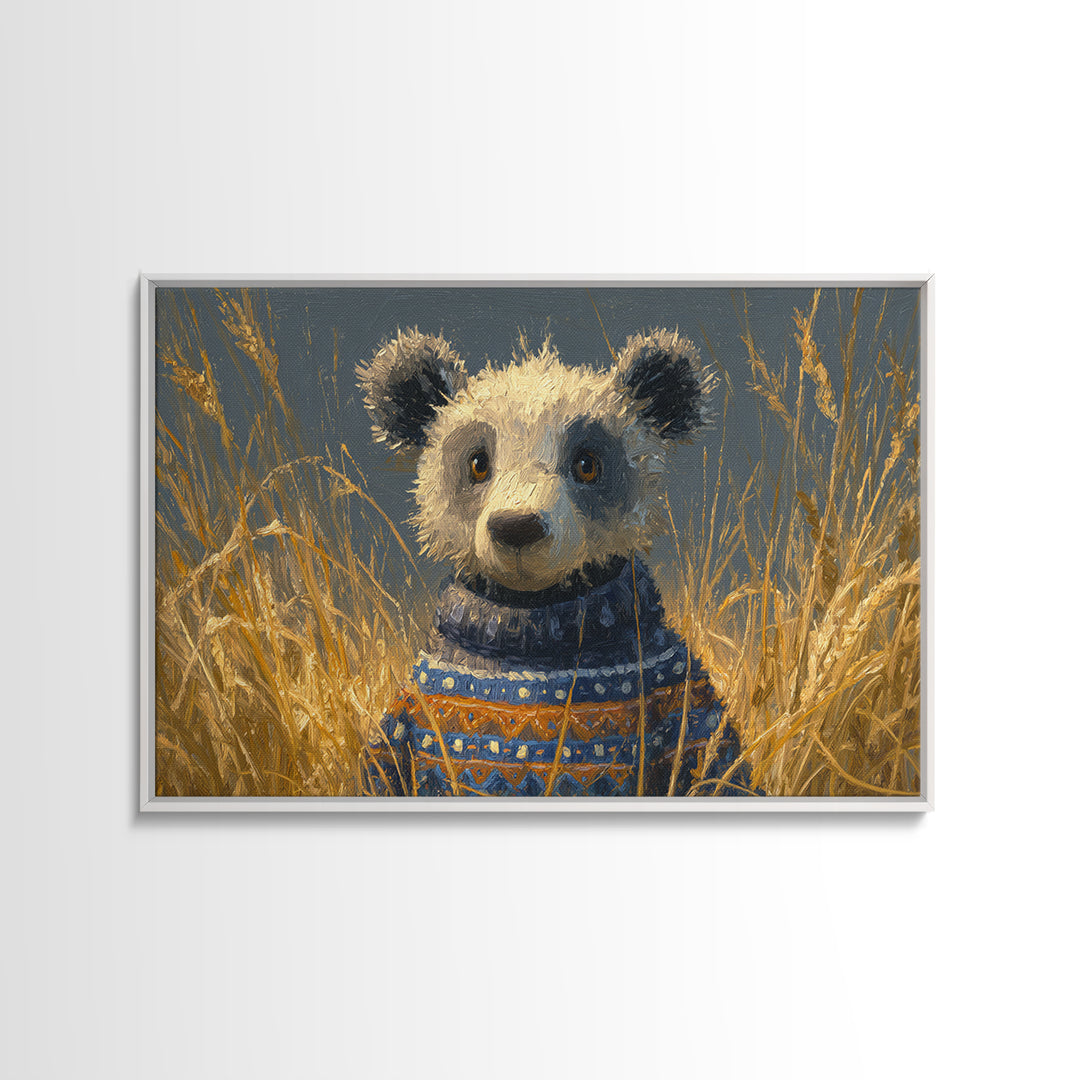 Whimsical Bear in a Patterned Sweater with Framed Canvas Print, Animal Art, Oil Painting, Living Room Decor, Fine Art, Creature, ANI-3x2-6