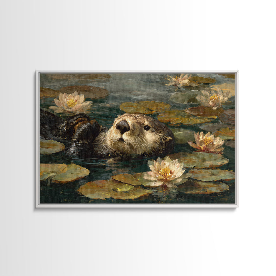 Playful Otter Floating Among Lily Pads Framed Canvas Print, Animal Art, Downloadable Art, Living Room Decor, Fine Art, Creature, ANI-3x2-60