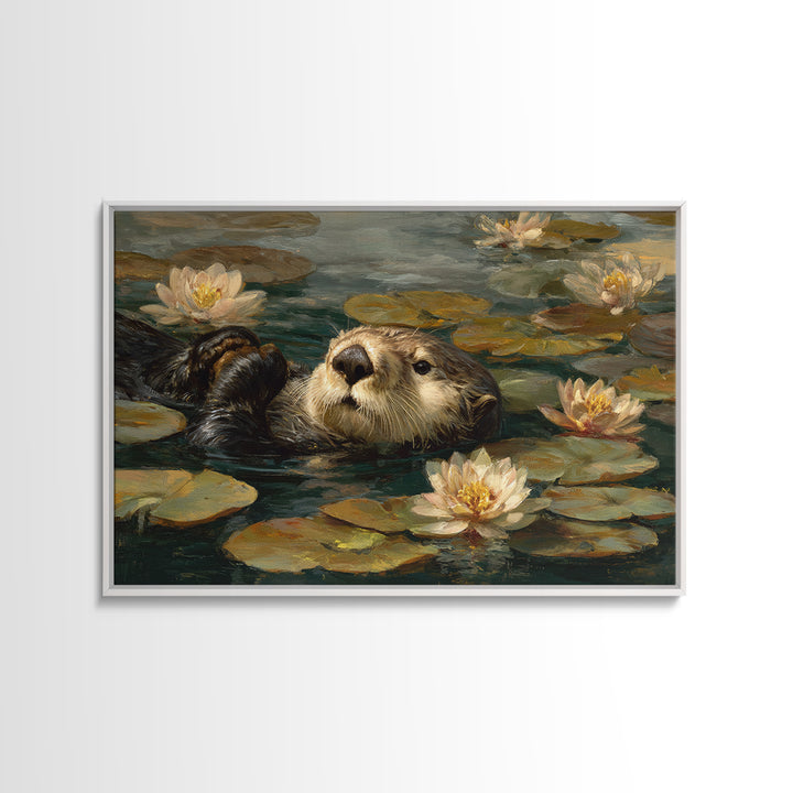 Playful Otter Floating Among Lily Pads Framed Canvas Print, Animal Art, Downloadable Art, Living Room Decor, Fine Art, Creature, ANI-3x2-60