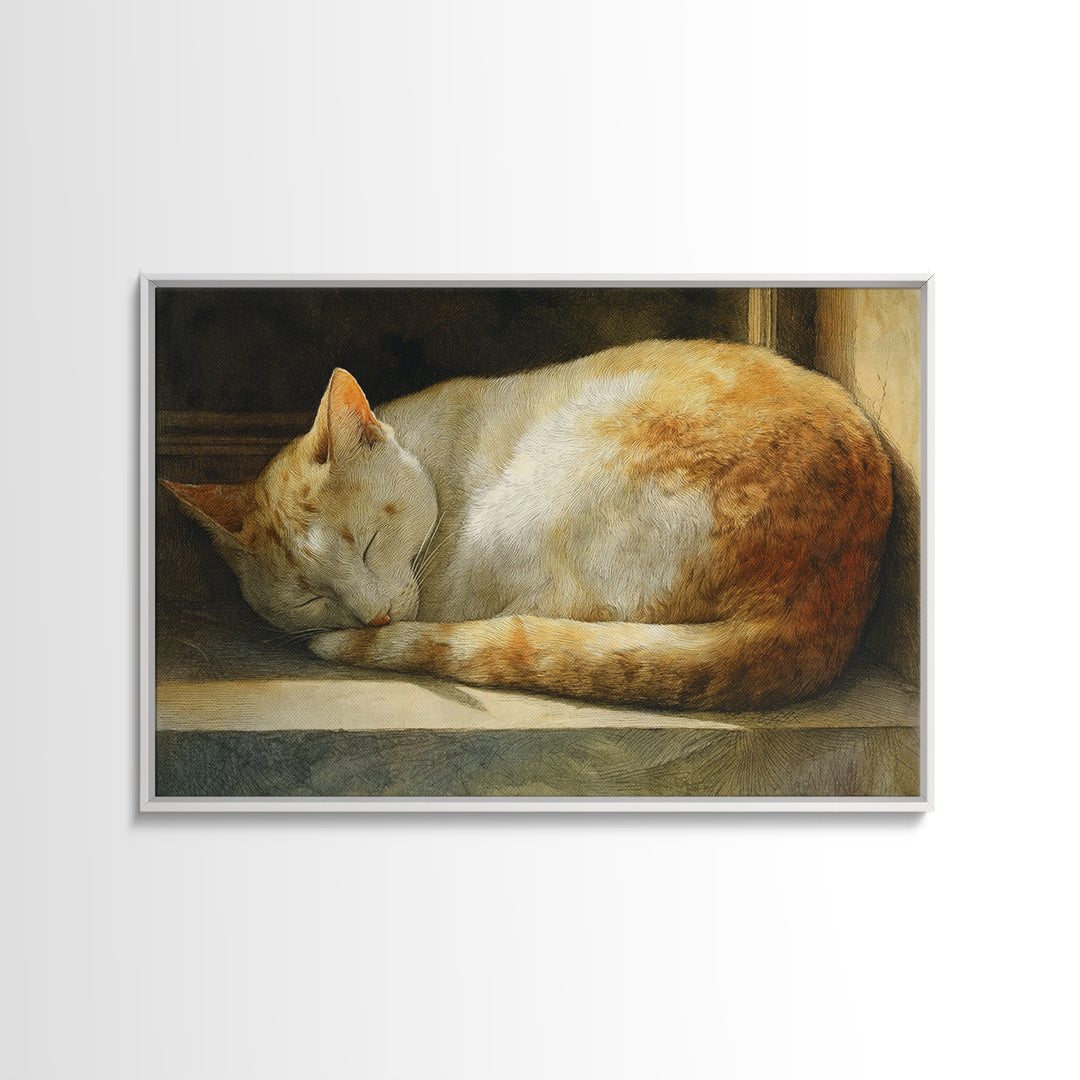 Sleeping Cat Curled Framed Canvas Print, Animal Art, Gallery Decor, Living Room Decor, Abstract Art, Creature, Contemporary Art, ANI-3x2-64