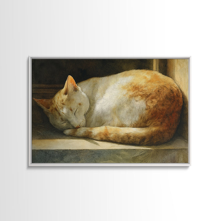 Sleeping Cat Curled Framed Canvas Print, Animal Art, Gallery Decor, Living Room Decor, Abstract Art, Creature, Contemporary Art, ANI-3x2-64
