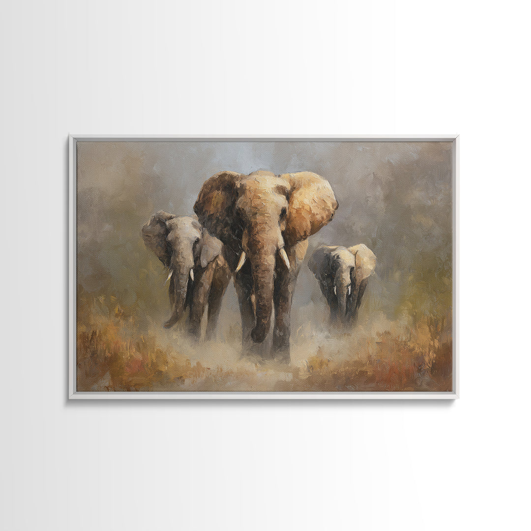 Elephant Family Walking Through Dusty Golden Light Canvas Print, Animal Art, Art Deco, Living Room Decor, Fine Art, Creature, ANI-3x2-66