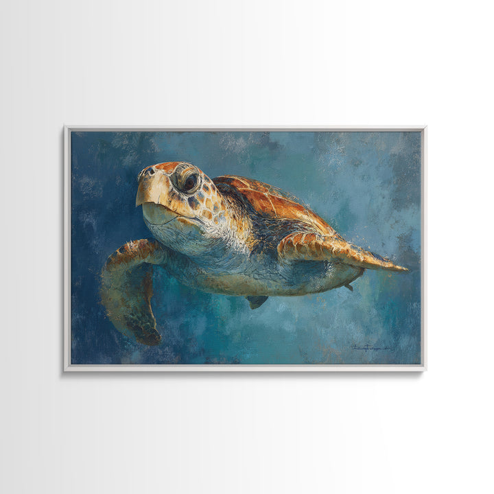 Sea Turtle Drifting Through Luminous Blue Water Framed Canvas Print, Animal Art, Original Art, Living Room Decor, Creature, ANI-3x2-70