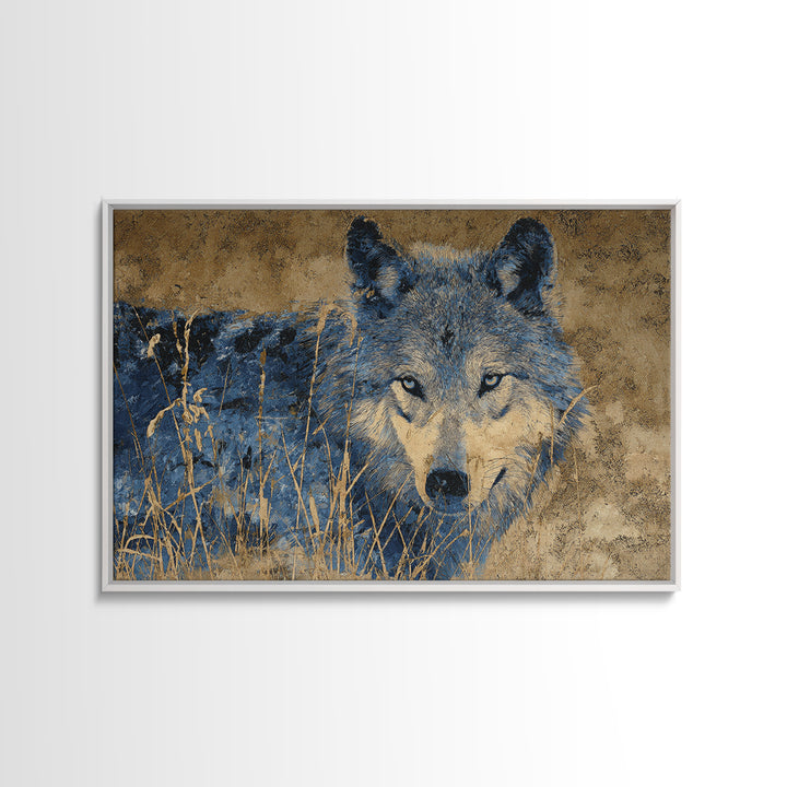 Wolf Silhouette Beneath a Star Filled Sky Framed Canvas Print, Animal Art, Nursery Wall Art, Living Room Decor, Oil Painting, ANI-3x2-74