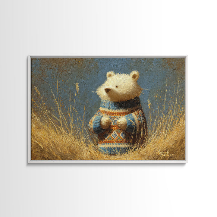 Whimsical Bear in a Patterned Sweater with Framed Canvas Print, Animal Art, Boho Wall Art, Living Room Decor, Creature, ANI-3x2-78