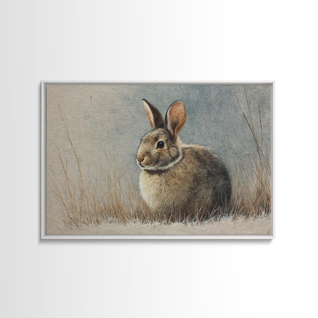 Curious Rabbit in a Soft Watercolor Meadow Framed Canvas Print, Animal Art, Cat Art, Living Room Decor, Fine Art, Creature, ANI-3x2-81