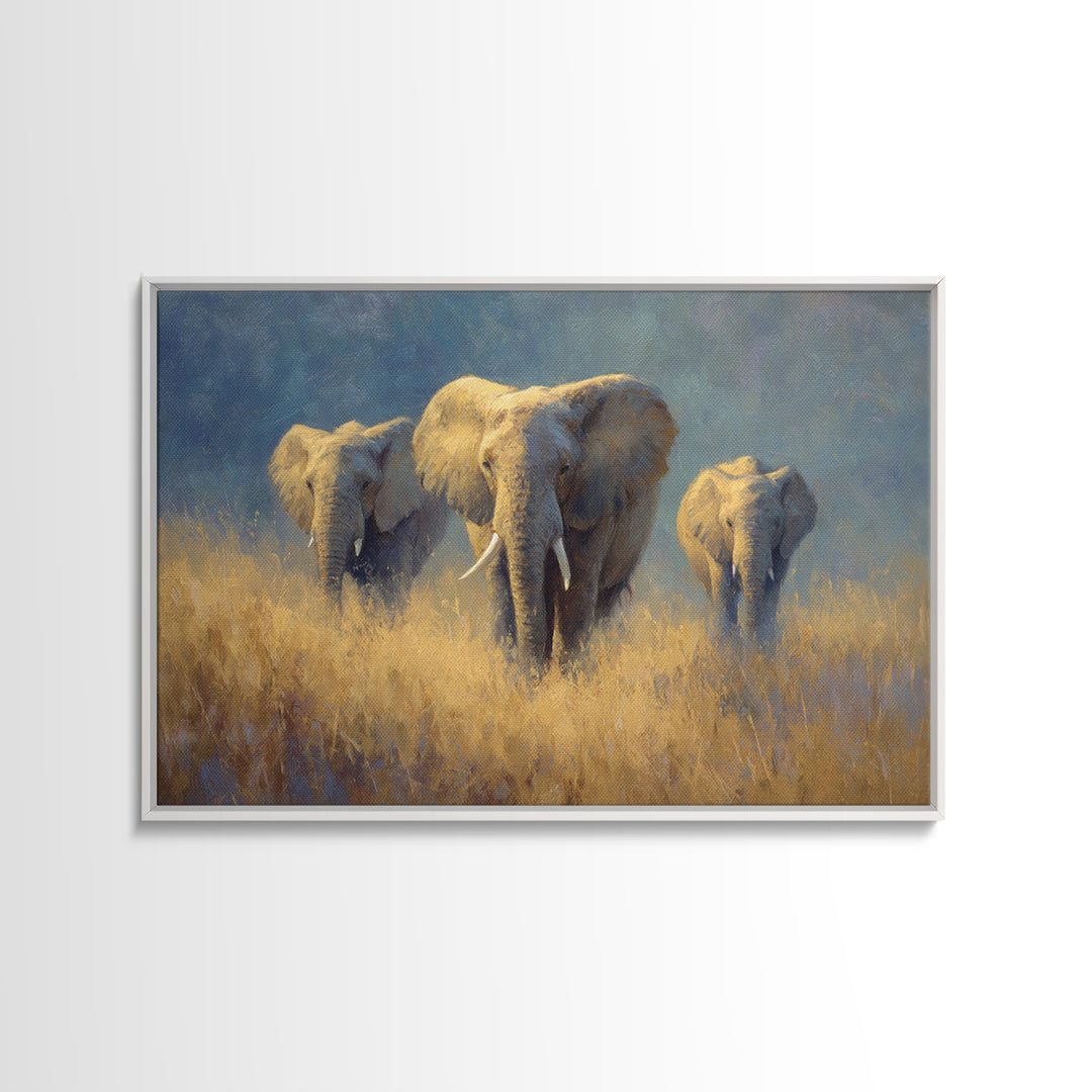 Elephant Family Walking Through Dusty Golden Light Canvas Print, Animal Art, Farmhouse Decor, Living Room Decor, Creature, ANI-3x2-90