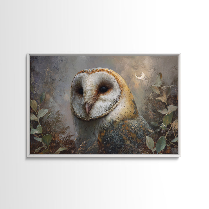 Owl with Moonlit Feathers and Celestial Accents Framed Canvas Print, Animal Art, Art, Living Room Decor, Oil Painting, Creature, ANI-3x2-91